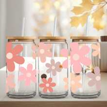 4 piezas Pegatinas de la serie de flores de dibujos animados con transferencia UV DTF para hoja de pegatinas resistente al agua para vasos de vidrio Libbey de 16 onzas, tazas decorativas, útiles escolares, manualidades y suministros de arte DIY, pegatina de transferencia