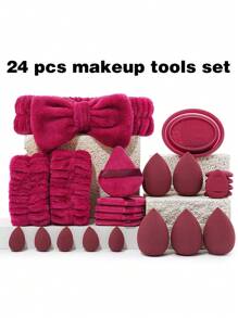 (Wine Red)15/18/20/22/25/30/32PCS Makeup Brush Set Includes Powder Brush,Highlight Brush,Nose Shadow Brush,Detail Brush,Outline Brush,Eyelash Brush,Foundation Make-Up Brush,Facial Brush,Concealer Brush,Eye Shadow Brush Set, Eyelash Curling Brush+5PCS Makeup Sponges For Liquid Makeup+5PCS Mini Makeup Sponges For Liquid Makeup+5PCS Triangle Powder Puffs For Loose Powder - 酒紅色 - 查看 16