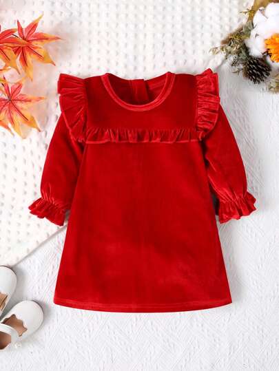 Vestido de veludo vermelho com babados para meninas, lindo presente de Natal