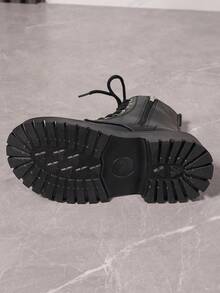 圣诞节女士新款黑色时尚战斗靴，摩托车靴，圆头厚底细带侧拉链踝靴，多功能户外防滑靴 - 黑色 - 查看 8