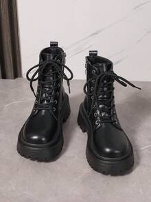 圣诞节女士新款黑色时尚战斗靴，摩托车靴，圆头厚底细带侧拉链踝靴，多功能户外防滑靴 - 黑色 - 查看 6