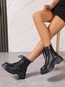 圣诞节女士新款黑色时尚战斗靴，摩托车靴，圆头厚底细带侧拉链踝靴，多功能户外防滑靴 - 黑色 - 查看 2