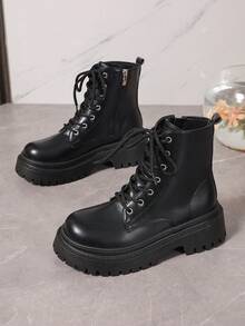 圣诞节女士新款黑色时尚战斗靴，摩托车靴，圆头厚底细带侧拉链踝靴，多功能户外防滑靴 - 黑色 - 查看 7