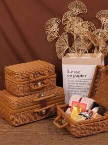 Bolso de tote de picnic compacto vintage, equipaje de almacenaje retro, caja organizadora de accesorios de fotografía, canasta de almacenaje de ratán, caja de regalo - Caqui - Ver 1