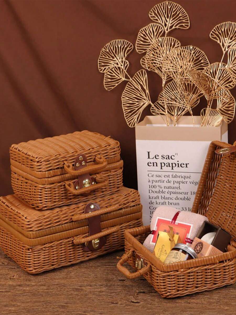 Compact Vintage Picnic Tote Bag, Retro Storage Luggage, Photography Props Organizing Box, Rattan Storage Basket, Gift Box - Khaki - View 1
