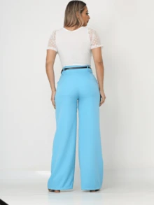 Women's Wide Leg Tailored Trousers With Belt - Formal Wear - 長春花藍 - 查看 3