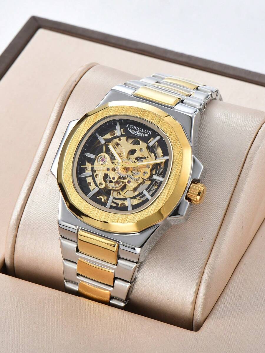 LONGLUX 1 件镂空自动机械男士腕表，不锈钢表带，商务腕表 - 彩色 - 查看 1