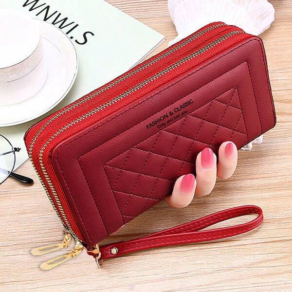 Women's Double Zipper Wallet, Long Handbag Large Capacity Phone Bag, Rhombus Pattern Letter Print Multi-Function Long Wallet, Suitable For Daily Use, Back To School Gift, Graduation Gift, Work, Shopping, Wedding, Mother's Day Gift