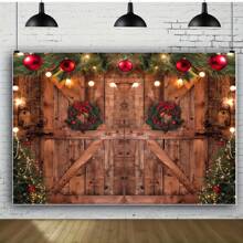 1pc Festive Barn Door Christmas Backdrop - Polyester, Multipurpose, Reusable, Easy-To-Use, New Year Party Background For Family Gathering, Photo Studio Props, Banner Decorations, Holiday Decor, Universal Fit, And More,Christmas