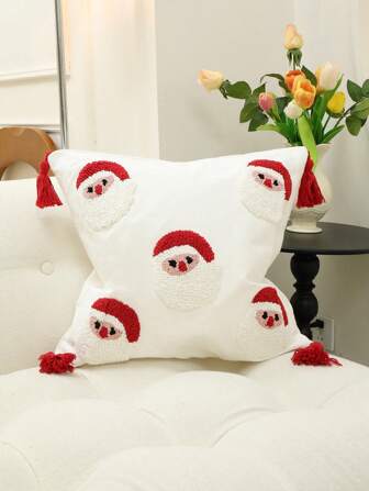 1 件手工毛绒圣诞老人枕套，带红白圣诞老人图案和流苏圣诞装饰靠垫套，适用于客厅、沙发、各种房间