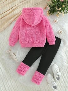 Young Girl Comfortable Hooded Sweatshirt And Plush Solid Color Casual Leggings Set, Winter Outfit