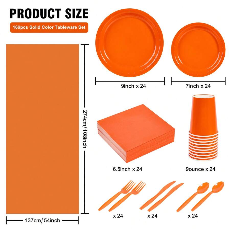 Set di piatti in carta arancione solido e tovaglioli con tovaglia di