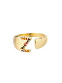 1 Pc Fashion Colorful Zirconia A-Z Letter Ring For Women Gold Color Stainless Steel Geometric Open Initial Ring Wedding Engagement Jewelry Party Gift