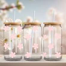 4 piezas Pegatinas de la serie de flores de dibujos animados con transferencia UV DTF para hoja de pegatinas resistente al agua para vasos de vidrio Libbey de 16 onzas, tazas decorativas, útiles escolares, manualidades y suministros de arte DIY, pegatina de transferencia