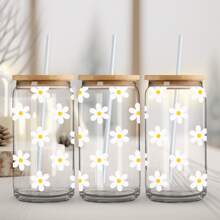 4 piezas Pegatinas de la serie de flores de dibujos animados con transferencia UV DTF para hoja de pegatinas resistente al agua para vasos de vidrio Libbey de 16 onzas, tazas decorativas, útiles escolares, manualidades y suministros de arte DIY, pegatina de transferencia