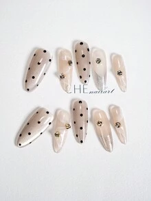 oulalis 秋季指甲 10 件 DIY 杏仁美甲 - 黑白条纹搭配闪亮钻石 - 可爱猫眼 - 含指甲油和指甲锉 - 适合派对和日常造型