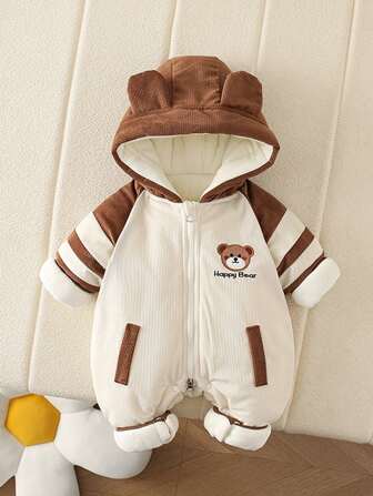 1pc Baby/Toddler Casual Cute Bear Patchwork Sleeve Jumpsuit, Suitable For Outdoor, Party And Festival, New For Autumn/Winter