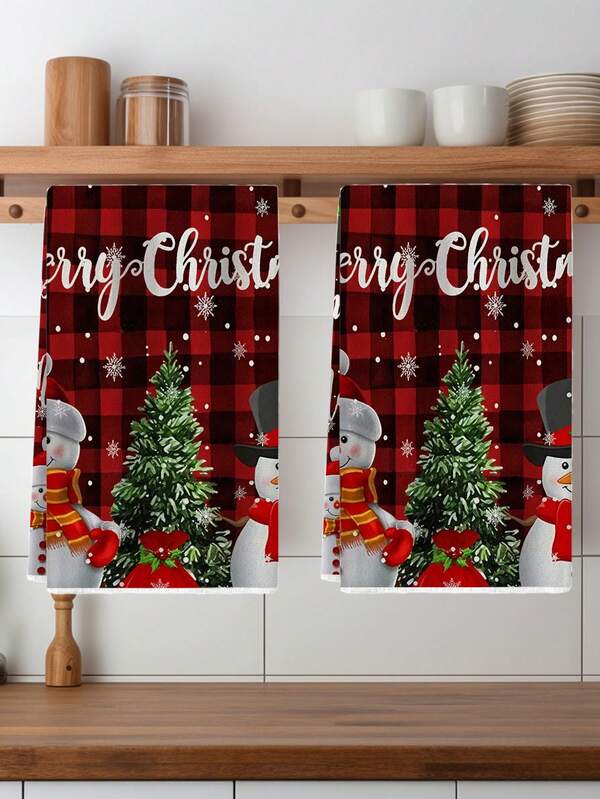 2 peças de toalhas de cozinha de natal, sinos de elementos de natal, árvore de natal, boneco de neve, toalhas de prato, panos de cozinha decorativos
