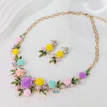 3pcs/Set Elegant Luxury Enamel & Metal 3d Flower Necklace And Earrings Set For Women, Perfect For Banquet And Dinner Parties Stylish And Versatile Valentines