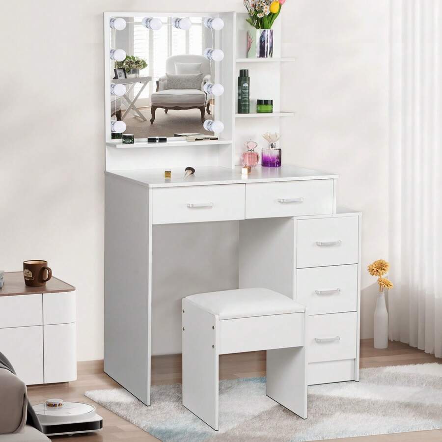 Makeup Table With 5 Drawers And Storage Shelf, Vanity Desk With Mirror