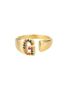 1 Pc Fashion Colorful Zirconia A-Z Letter Ring For Women Gold Color Stainless Steel Geometric Open Initial Ring Wedding Engagement Jewelry Party Gift