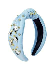 1 pieza Aro para el cabello con tela con motivo de Tai Chi y strass, accesorio de cabello versátil y personalizado estilo europeo y americano con nudo, adorno superior de calavera y cuenta