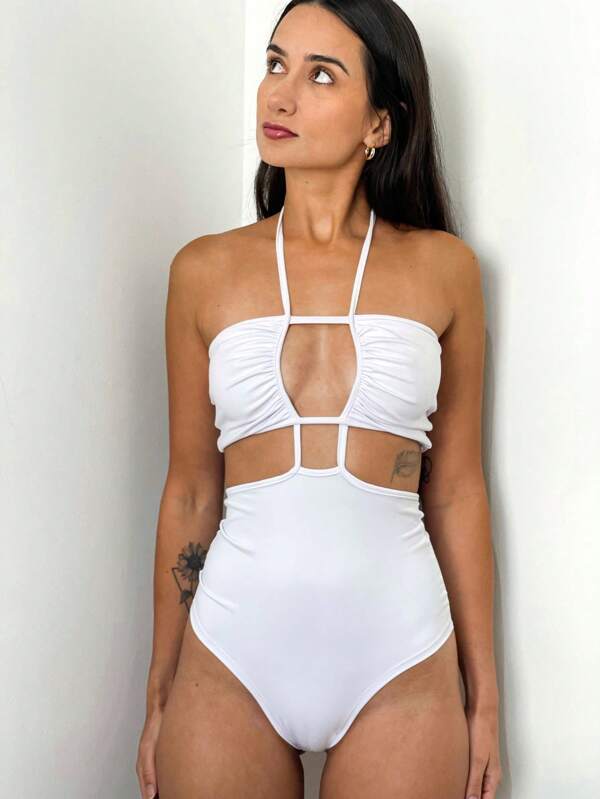 Body Feminino Recortes Geométrico Decote Quadrado Maiô Proteção UV+50 Sexy Bloqueira Chic Luxo Confortável