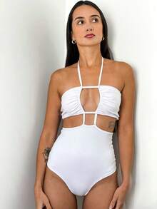 Body Feminino Recortes Geométrico Decote Quadrado Maiô Proteção UV+50 Sexy Bloqueira Chic Luxo Confortável