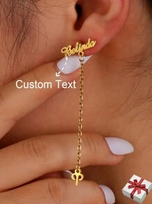 Hoa tai khắc tên theo 12 cung hoàng đạo tùy chỉnh cho nữ, Hoa tai đính tên thư pháp cổ điển bằng thép không gỉ màu vàng, Quà tặng kỷ niệm sinh nhật, Quà tặng Giáng sinh thanh lịch cho mẹ/bạn gái - Vàng - Xem 1