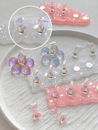 1 set de puntas de uñas de práctica con base de resina con forma de gota de lágrima con brillo blanco y rosa, base con brillo de flor, perlas de resina cristalina, decoraciones de uñas con flores holográficas láser para uso en el hogar, salón, bodas, Día de la Madre, San Valentín