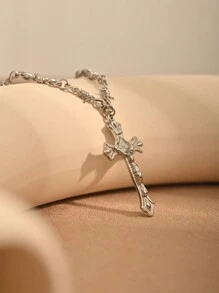 1pc White Gold Plated Cross Pendant Necklace, Suitable For Men And Women Daily Wear, Christian Cross - Type a - View 4