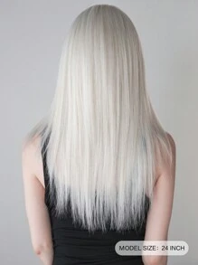 NAMM Zweischichtiges Silberhaarperücke für Frauen, lange gerade Haare mit Pony, hitzebeständige synthetische Haare, silber-weiße Perücke für Mädchen, Alltag und Partys, 24 Zoll