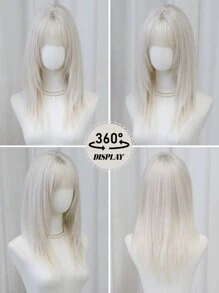 NAMM Zweischichtiges Silberhaarperücke für Frauen, lange gerade Haare mit Pony, hitzebeständige synthetische Haare, silber-weiße Perücke für Mädchen, Alltag und Partys, 24 Zoll