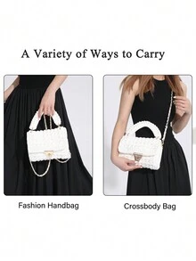 1 chiếc túi Tote dệt tay quai trắng, cầm tay/đeo vai/đeo chéo, sức chứa lớn, dây xích có thể tháo rời, thích hợp cho tiệc tùng/quà tặng - trắng - Xem 7