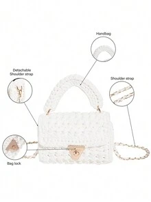 1 chiếc túi Tote dệt tay quai trắng, cầm tay/đeo vai/đeo chéo, sức chứa lớn, dây xích có thể tháo rời, thích hợp cho tiệc tùng/quà tặng - trắng - Xem 8