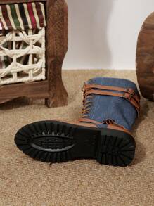 Giày bốt cổ cao mũi tròn thời trang nữ, giày ngoài trời giản dị phong cách mới - Màu xanh lam - Xem 8