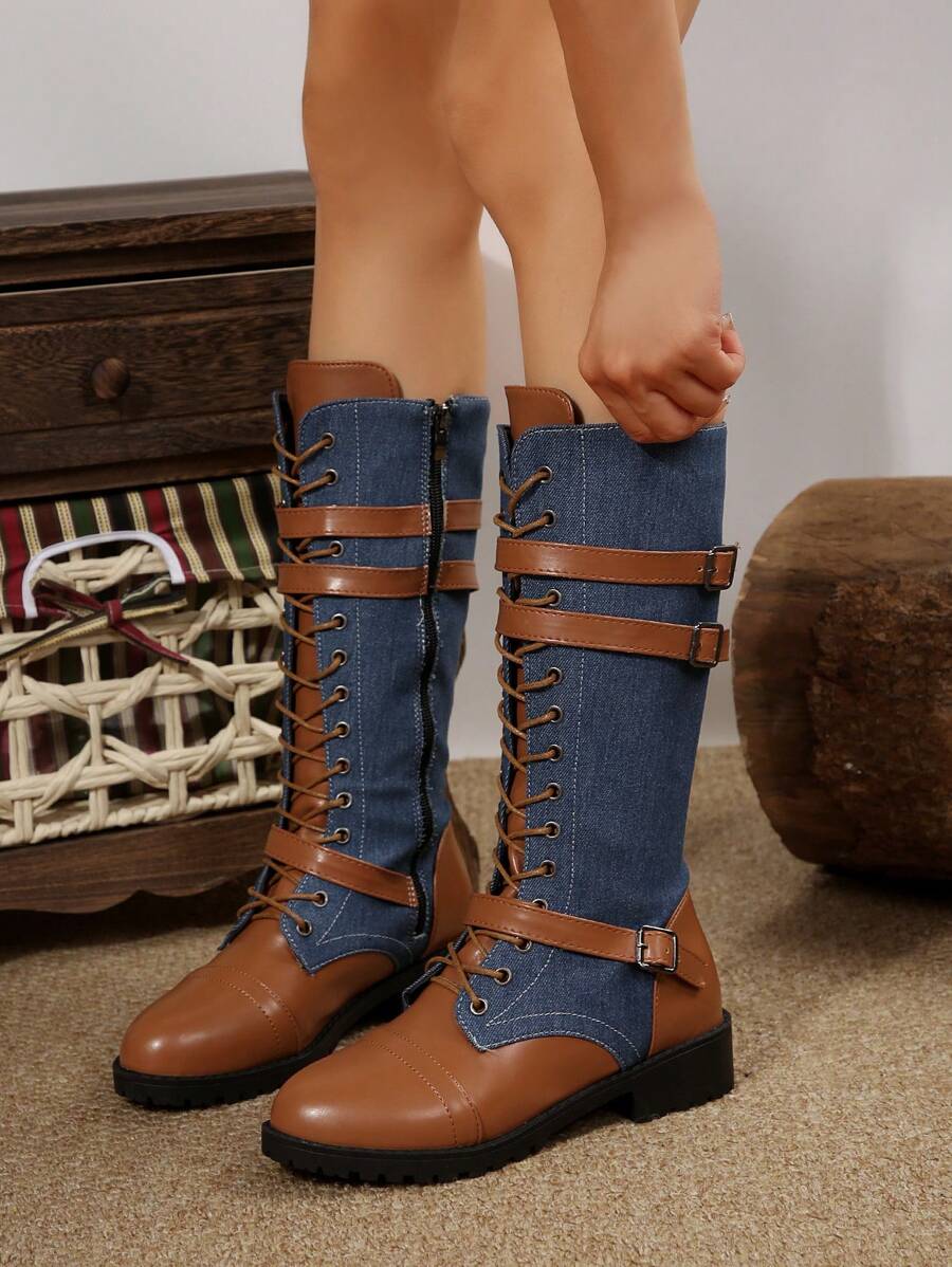 Giày bốt cổ cao mũi tròn thời trang nữ, giày ngoài trời giản dị phong cách mới - Màu xanh lam - Xem 1