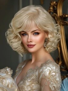 Elegant Pear Hair Style Blonde 12-Inch Short Curly Wig With Bangs, Woven Synthetic Wig For Women, Ideal For Everyday And Festive Wear Festival Gifts For Women - Vàng - Xem 2