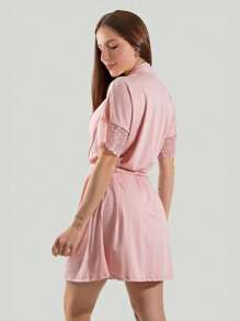 Women's Robe Short Sleeve Lace Detail - Hồng - Xem 2