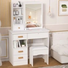 Vanity Desk With Sliding Mirror, Bedroom Dressing Table, Makeup Table With 5 Drawers & Shelves, Hidden Storage Space - White - View 10