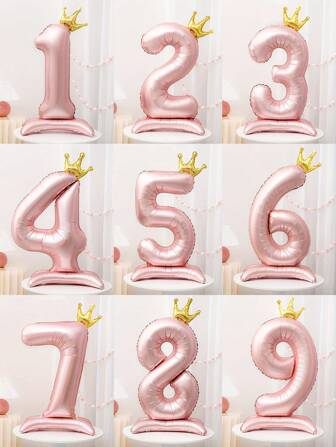 32 Inch Pink Number Crown Shape Foil Balloon With Base Stand, Suitable For Birthday, Anniversary, Valentine's Day, Graduation Ceremony, Room And Party Decor Back To School Valentine Day