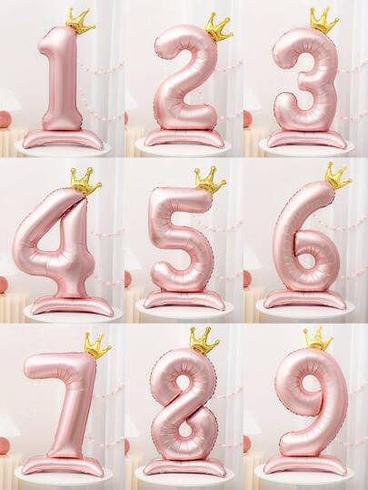 32 Inch Pink Number Crown Shape Foil Balloon With Base Stand, Suitable For Birthday, Anniversary, Valentine's Day, Graduation Ceremony, Room And Party Decor Back To School Valentine Day