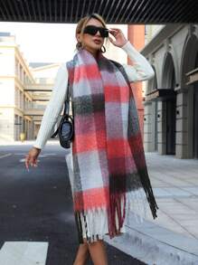 1pc Autumn/Winter New Women's Imitation Cashmere Checkered Thicken Tassel Scarf, Extra Long And Soft, Warm And Fashionable For Travel And Daily Christmas