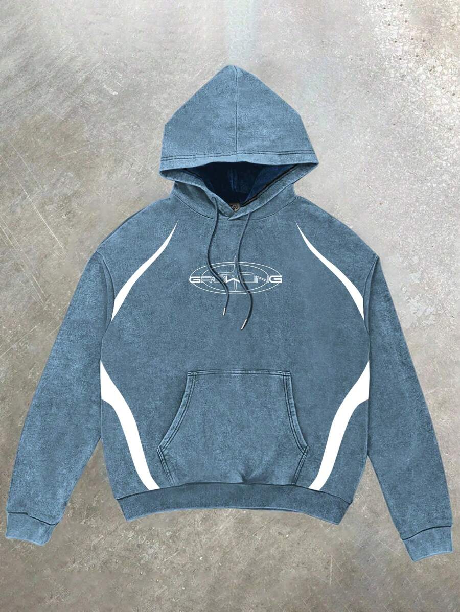 Moletom com capuz masculino lavado vintage criativo casual estampado - Azul - Ver 1