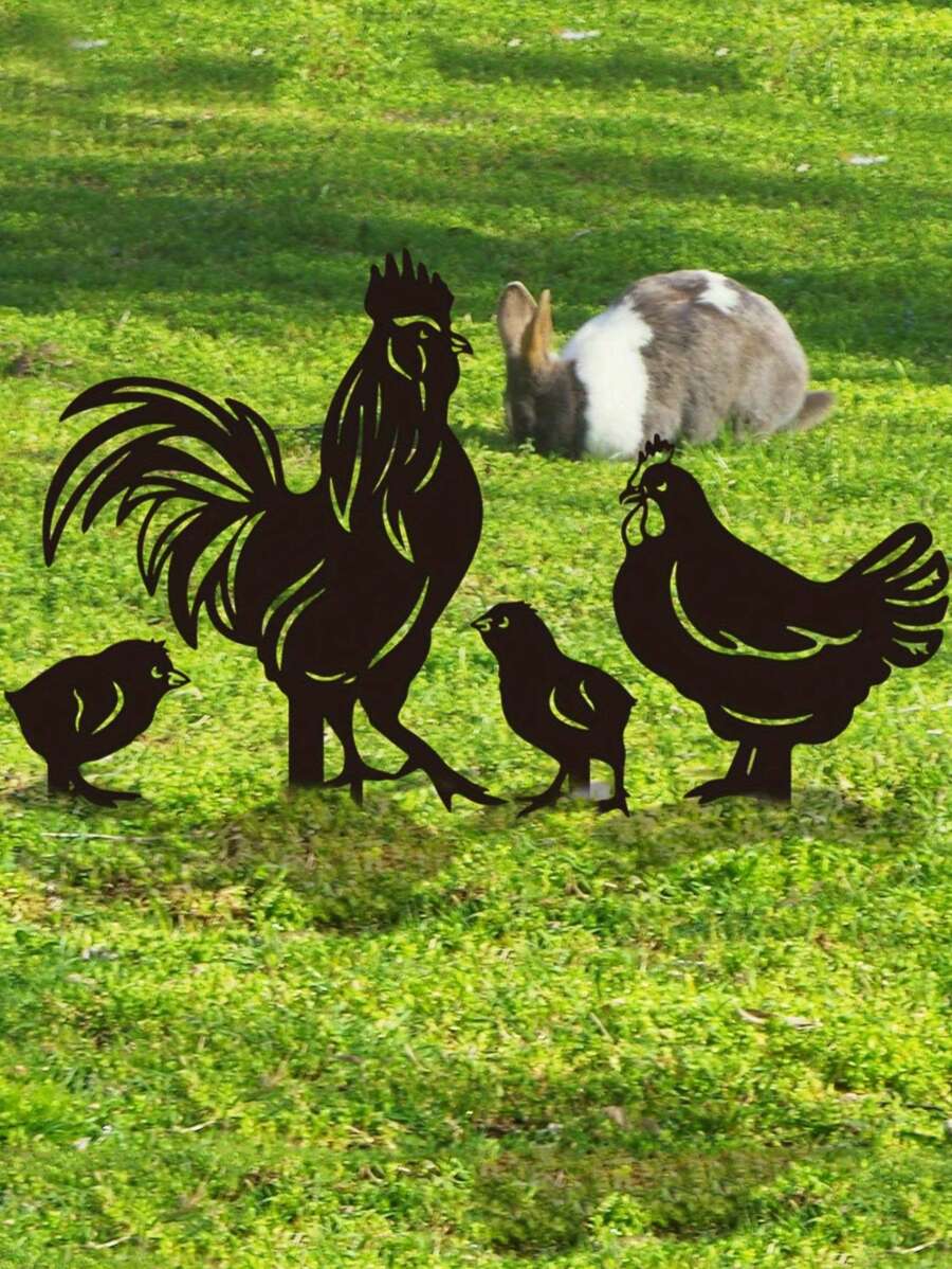 1 套金属鸡家族 4 尊雕像，圣诞节节日装饰，动物木桩饰品，花园鸡木桩，户外花园雕像，金属鸡花园木桩，适用于农场、牧场、花园装饰、感恩节礼物 - 黑色 - 查看 1