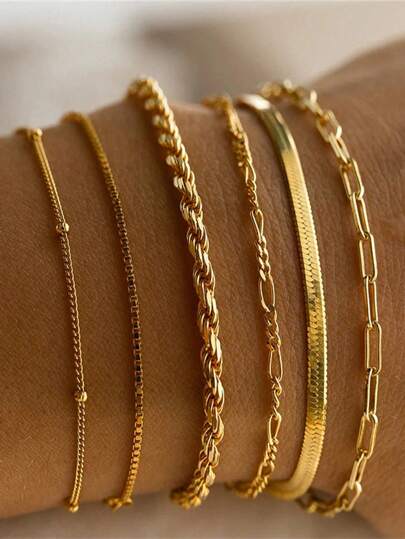 6pcs Unisex Strap Bracelets, Flat Snake Chain, Paper Clip Chain,  Chain, Beaded And Plain Chain Styles