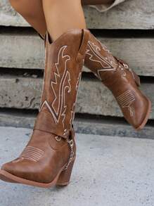 2025 年秋冬女式个性化圆环链条装饰西部牛仔靴，时尚复古刺绣尖头粗跟中筒马靴