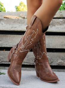 2025 年秋冬女式个性化圆环链条装饰西部牛仔靴，时尚复古刺绣尖头粗跟中筒马靴