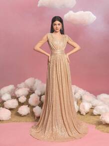 少女V領閃亮派對裙併附珠鏈裝飾 - 香檳色 - 查看 6