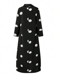 ZANZEA Womens V Neck Long Sleeve Polka Dot Long Dress Party Casual Pleated Loose A-Line Dresses - 黑色 - 查看 3